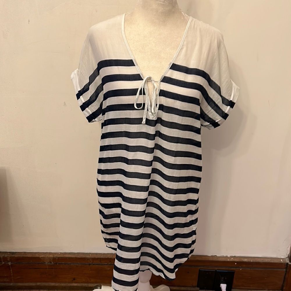 J Crew navy white striped sheer cotton cover up Size XXS EUC